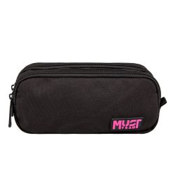 PENCIL CASE 2 ZIPPERS BLACK WITH PINK