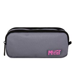 PENCIL CASE 2 ZIPPERS LIGHT GREY WITH PINK